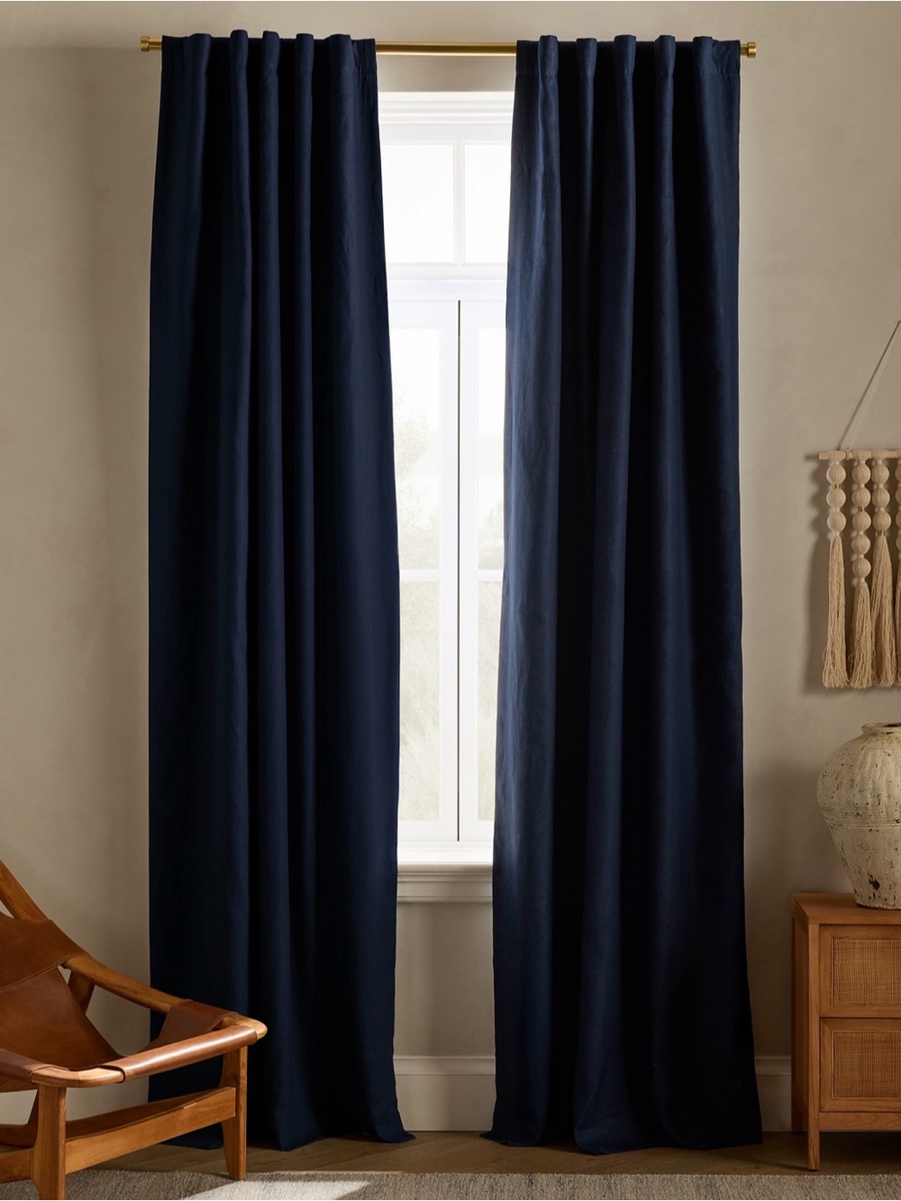 Quince European Linen Blackout Curtain, 48x108, Navy, single panel